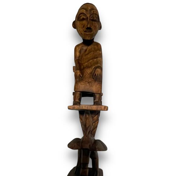 African Tribal Totem Art Carved Wood Ladle Spoon Ceremonial Seated Figure Scoop - Picture 8 of 16